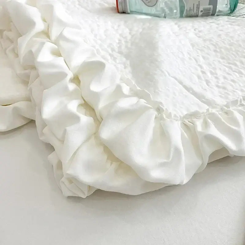 White fresh flower embroidered quilt set bedroom ruffled cotton bedding