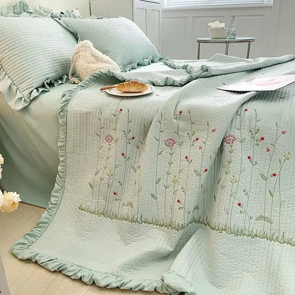 White fresh flower embroidered quilt set bedroom ruffled cotton bedding