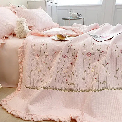 White fresh flower embroidered quilt set bedroom ruffled cotton bedding