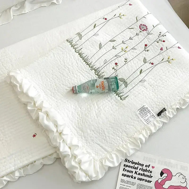 White fresh flower embroidered quilt set bedroom ruffled cotton bedding