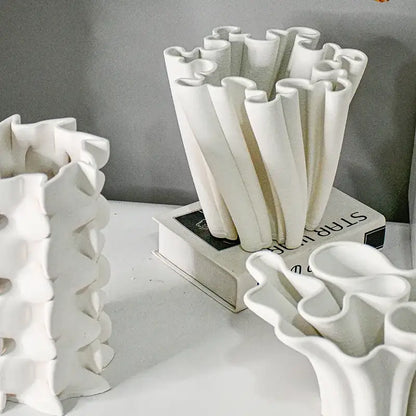 White geometric ceramic fold pattern vase living room decor