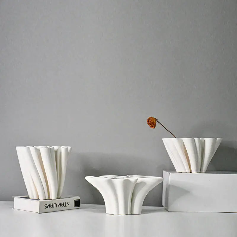 White geometric ceramic fold pattern vase living room decor