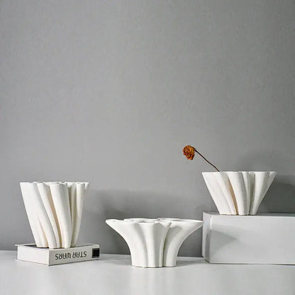 White geometric ceramic fold pattern vase living room decor