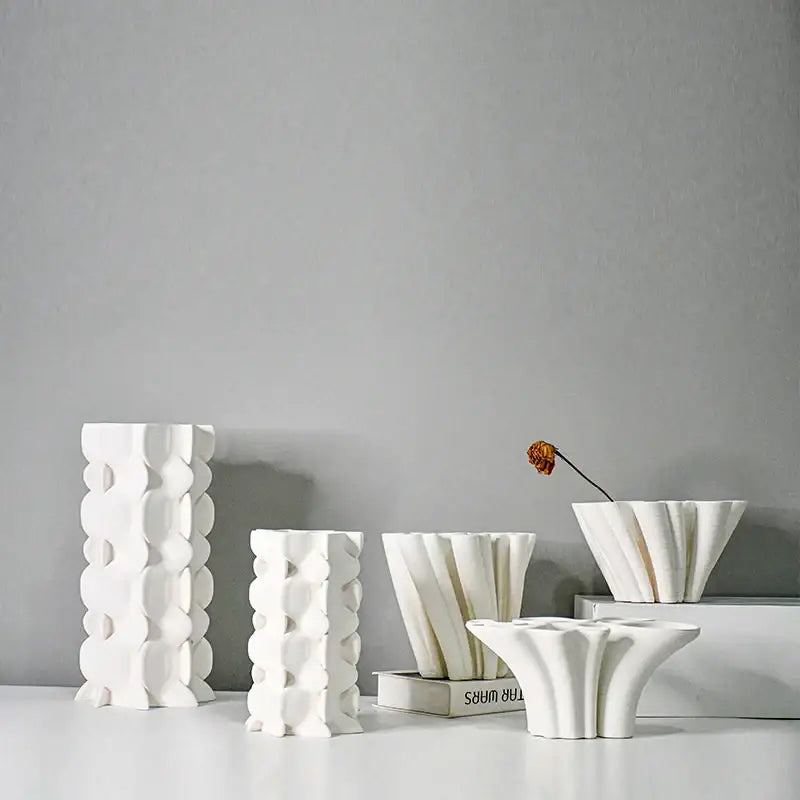 White geometric ceramic fold pattern vase living room decor