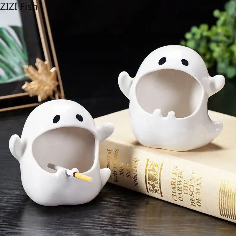 White ghost genie halloween porcelain ashtray desk decor office