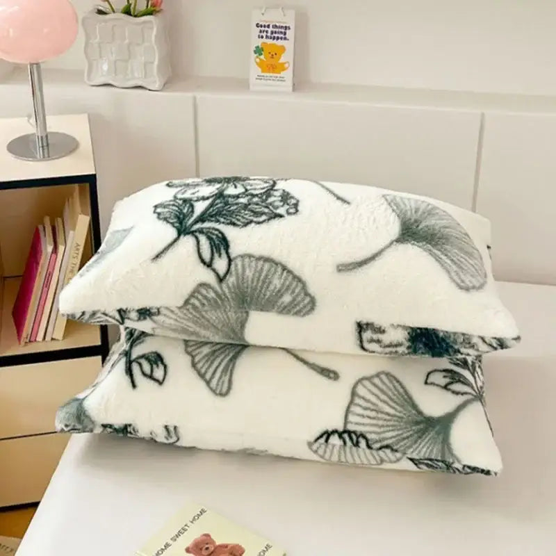 White ginkgo botanical cozy winter plush pillowcase bedroom decor