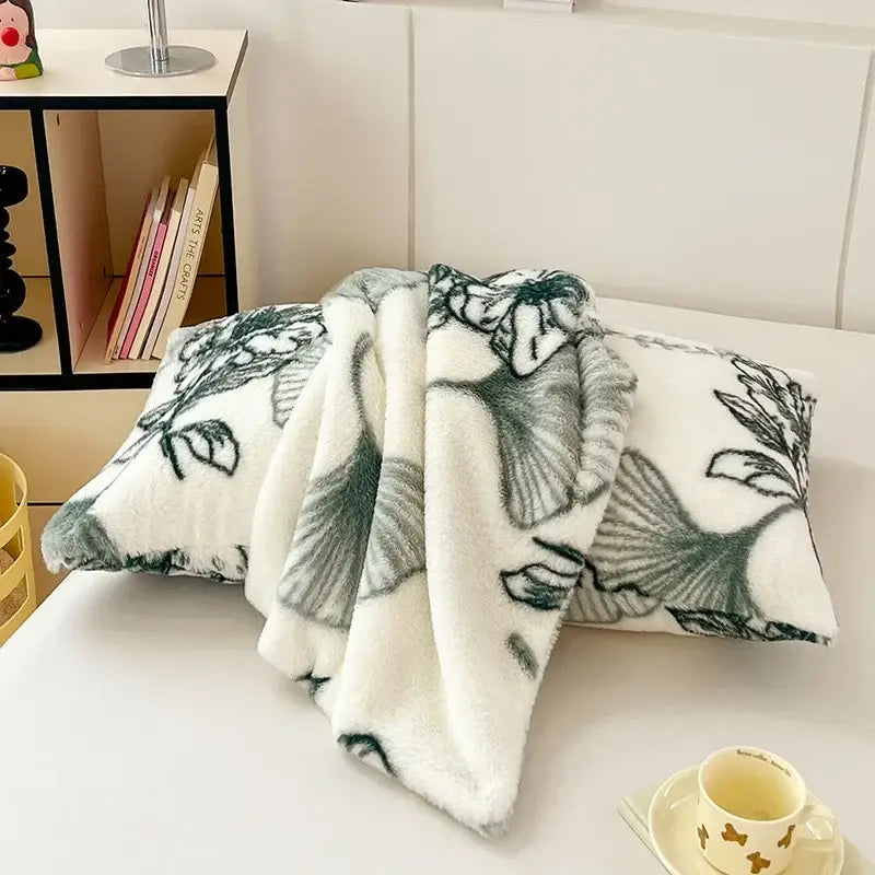 White ginkgo botanical cozy winter plush pillowcase bedroom decor