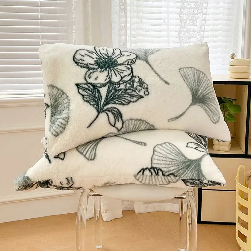 White ginkgo botanical cozy winter plush pillowcase bedroom decor