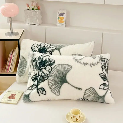 White ginkgo botanical cozy winter plush pillowcase bedroom decor