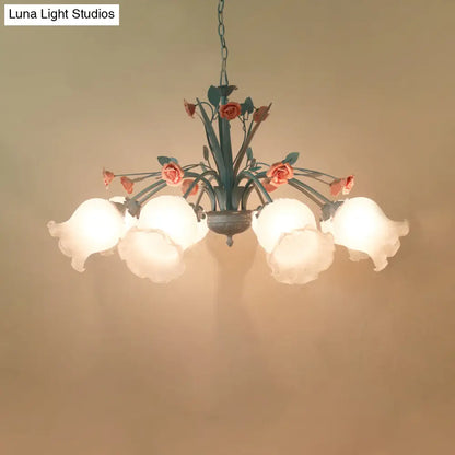 DecorBites™ White Glass Chandelier Light - Floral Countryside 8 Bulbs Pendant Lamp for Living Room in Blue