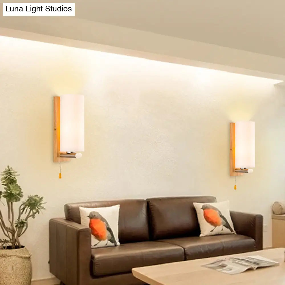 DecorBites™ White Glass Wall Sconce - Cylindrical Bedside Light with Pull Chain