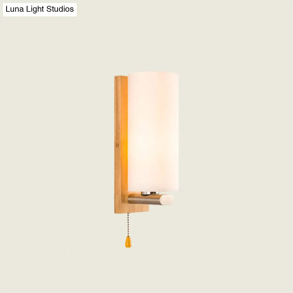 DecorBites™ White Glass Wall Sconce - Cylindrical Bedside Light with Pull Chain