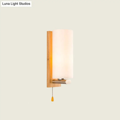 DecorBites™ White Glass Wall Sconce - Cylindrical Bedside Light with Pull Chain