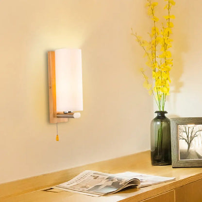 DecorBites™ White Glass Wall Sconce - Cylindrical Bedside Light with Pull Chain