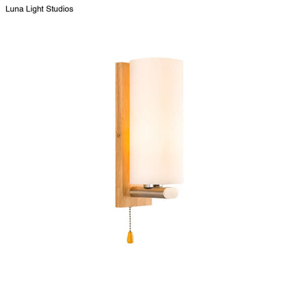 DecorBites™ White Glass Wall Sconce - Cylindrical Bedside Light with Pull Chain