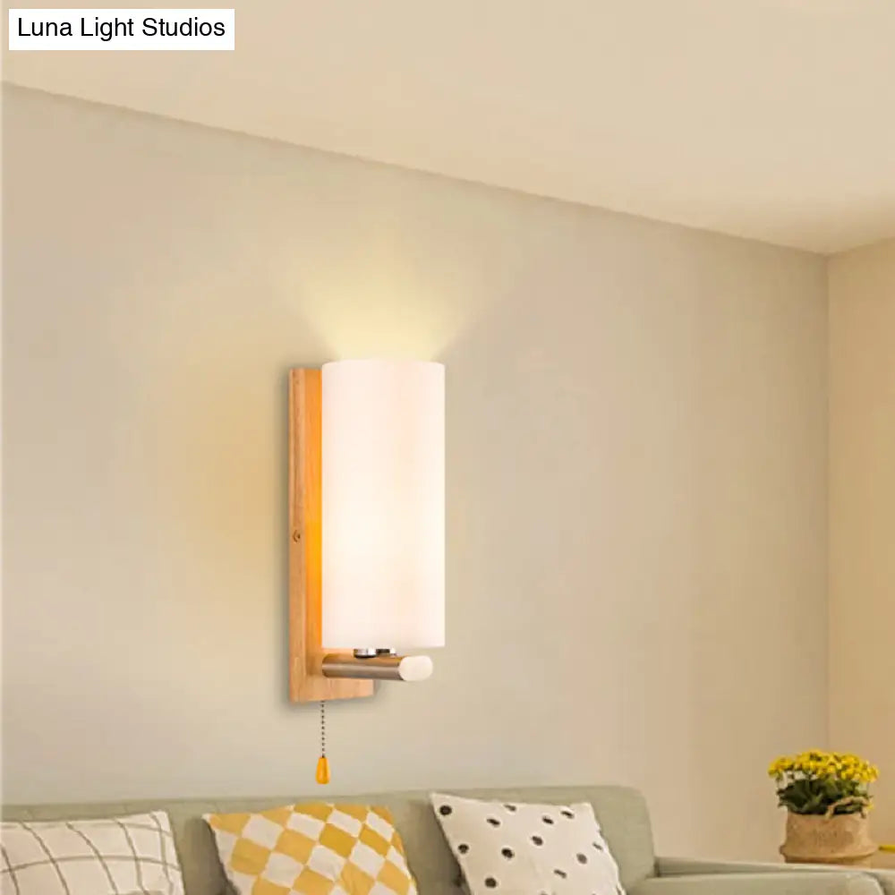 DecorBites™ White Glass Wall Sconce - Cylindrical Bedside Light with Pull Chain