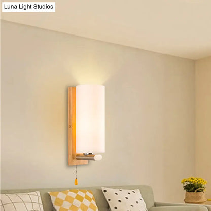 DecorBites™ White Glass Wall Sconce - Cylindrical Bedside Light with Pull Chain