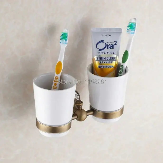 White & gold brass toothbrush holder with cups – bathroom accessory