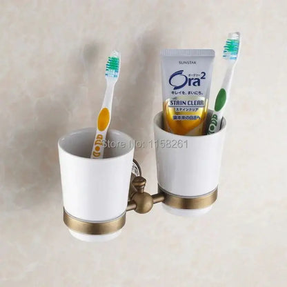 White & gold brass toothbrush holder with cups – bathroom accessory