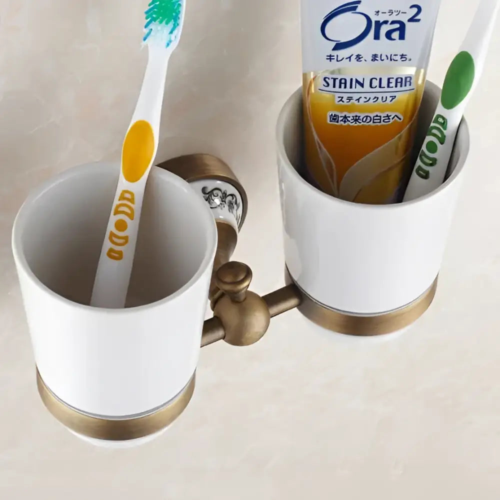 White & gold brass toothbrush holder with cups – bathroom accessory
