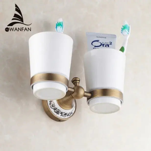 White & gold brass toothbrush holder with cups – bathroom accessory