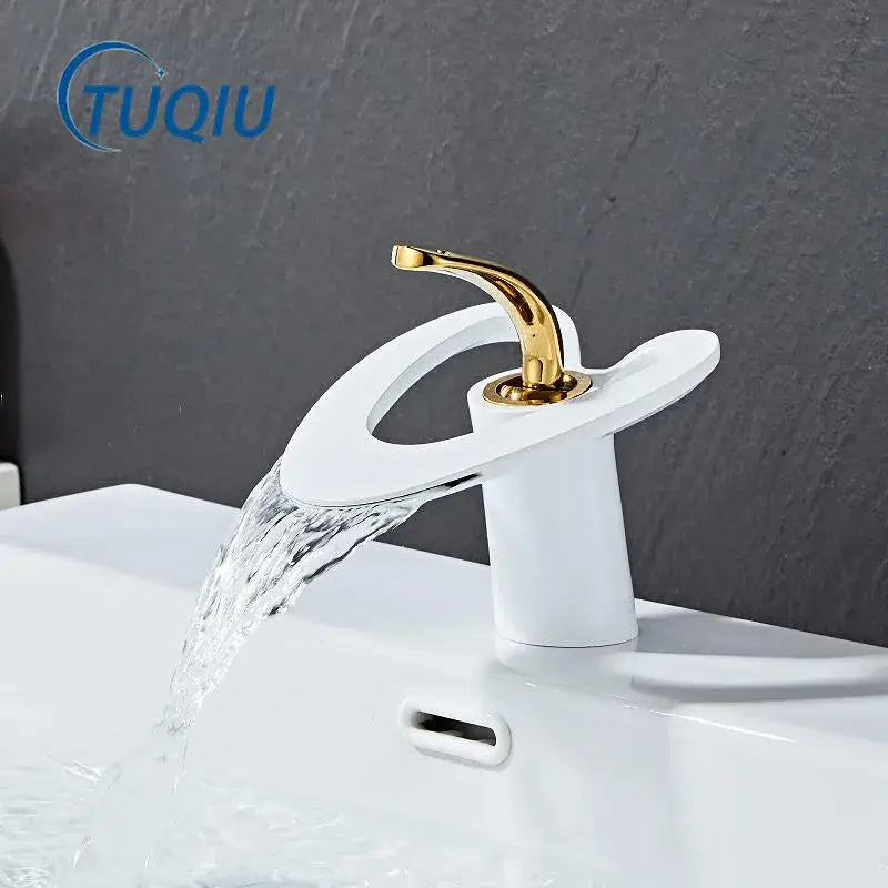 White & gold heart waterfall basin faucet bathroom sink mixer tap