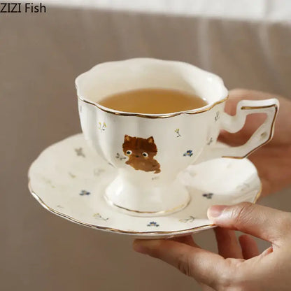 White gold trim cartoon kitten pattern ceramic mug and saucer dining room