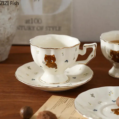 White gold trim cartoon kitten pattern ceramic mug and saucer dining room