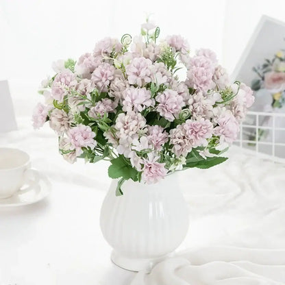 White hydrangea bouquet in ribbed glass vase for living room decor