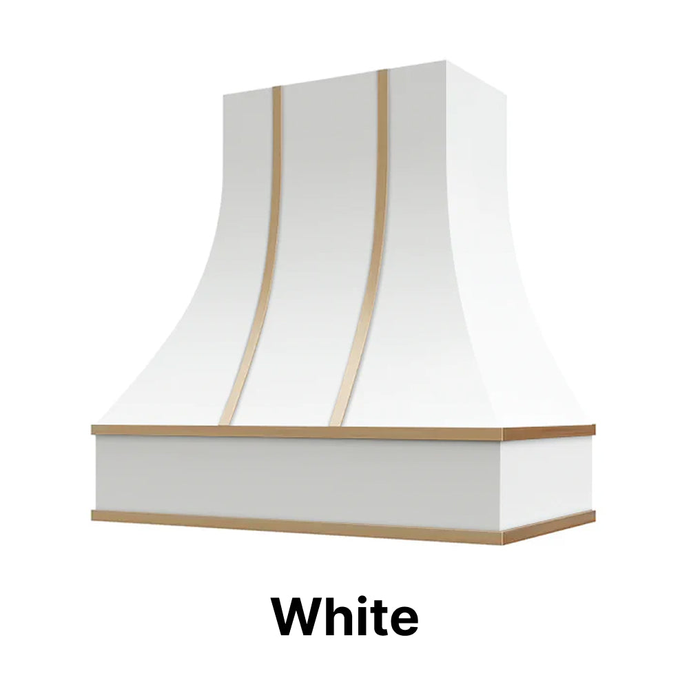 Wood Range Hood With Curved Front and Brass Strapping and Flat Trim - 30" 36" 42" 48" 54" and 60" Widths Available