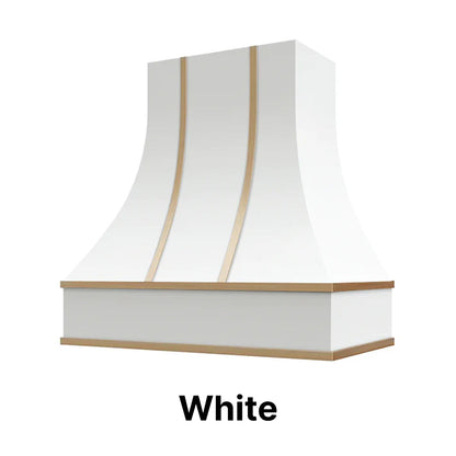 Wood Range Hood With Curved Front and Brass Strapping and Flat Trim - 30" 36" 42" 48" 54" and 60" Widths Available