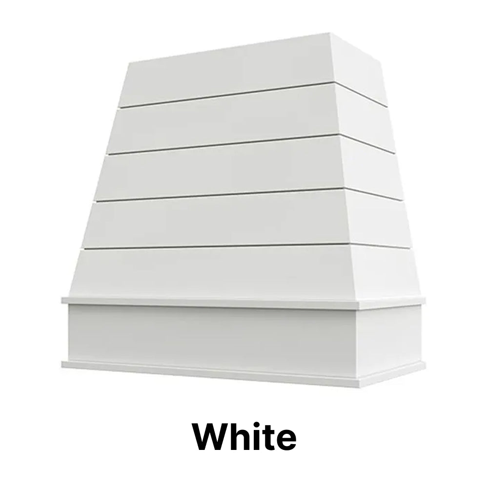 Wood Range Hood With Tapered Shiplap Front and Block Trim - 30", 36", 42", 48", 54" and 60" Widths Available