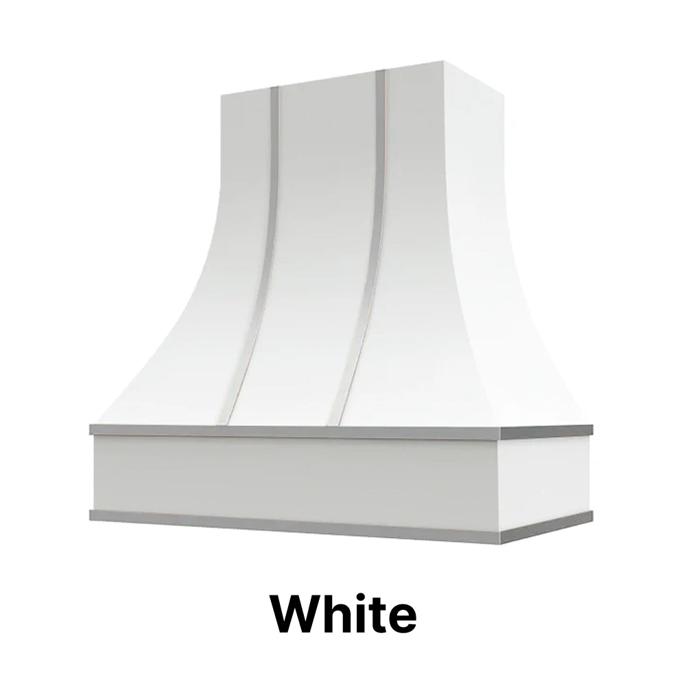 Wood Range Hood With Curved Front, Silver Strapping and Block Trim - 30", 36", 42", 48", 54" and 60" Widths Available