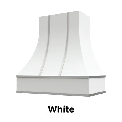 Wood Range Hood With Curved Front, Silver Strapping and Block Trim - 30", 36", 42", 48", 54" and 60" Widths Available