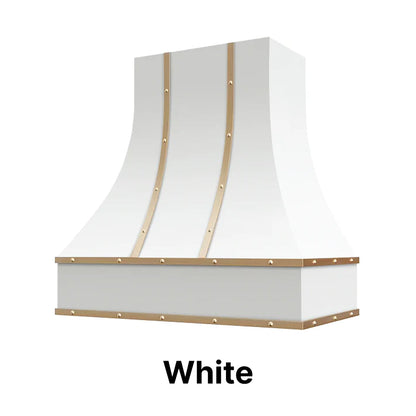 Wood Range Hood With Curved Front, Brass Strapping and Buttons - 30", 36", 42", 48", 54" and 60" Widths Available