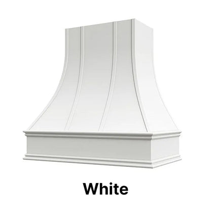 Wood Range Hood With Curved Strapped Front and Decorative Trim - 30" 36" 42" 48" 54" and 60" Widths Available
