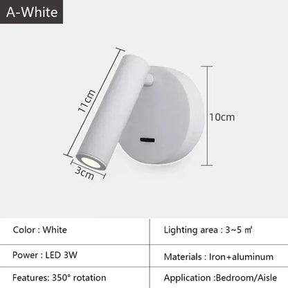 White lacquered swivelling bedroom wall lamp with push button switch