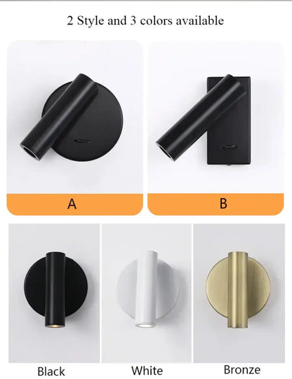 White lacquered swivelling bedroom wall lamp with push button switch