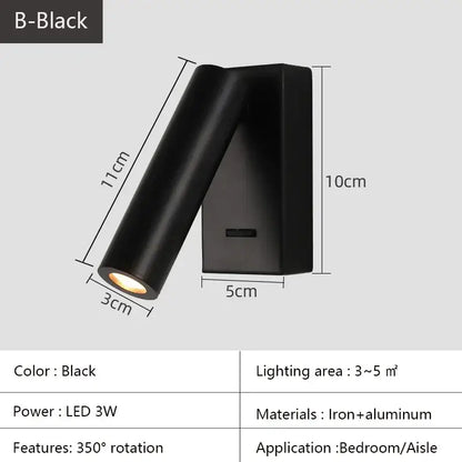 White lacquered swivelling bedroom wall lamp with push button switch