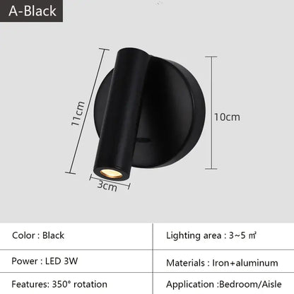White lacquered swivelling bedroom wall lamp with push button switch