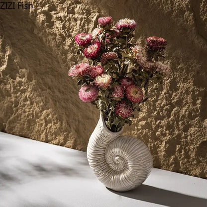 White nautilus conch ceramic vase for bedroom and office decor