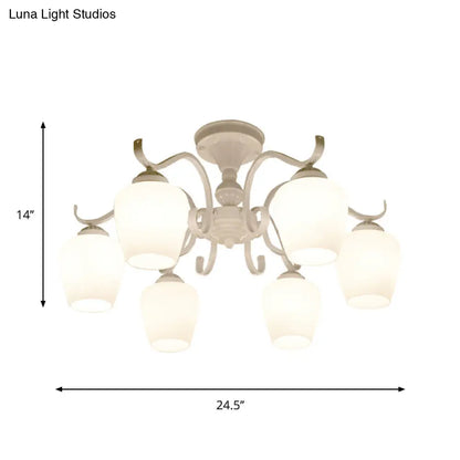 DecorBites™ White Opaline Glass Cone Ceiling Lamp - 6-Light Semi Flush Chandelier in Countryside Style - 18.5"/24.5" Width