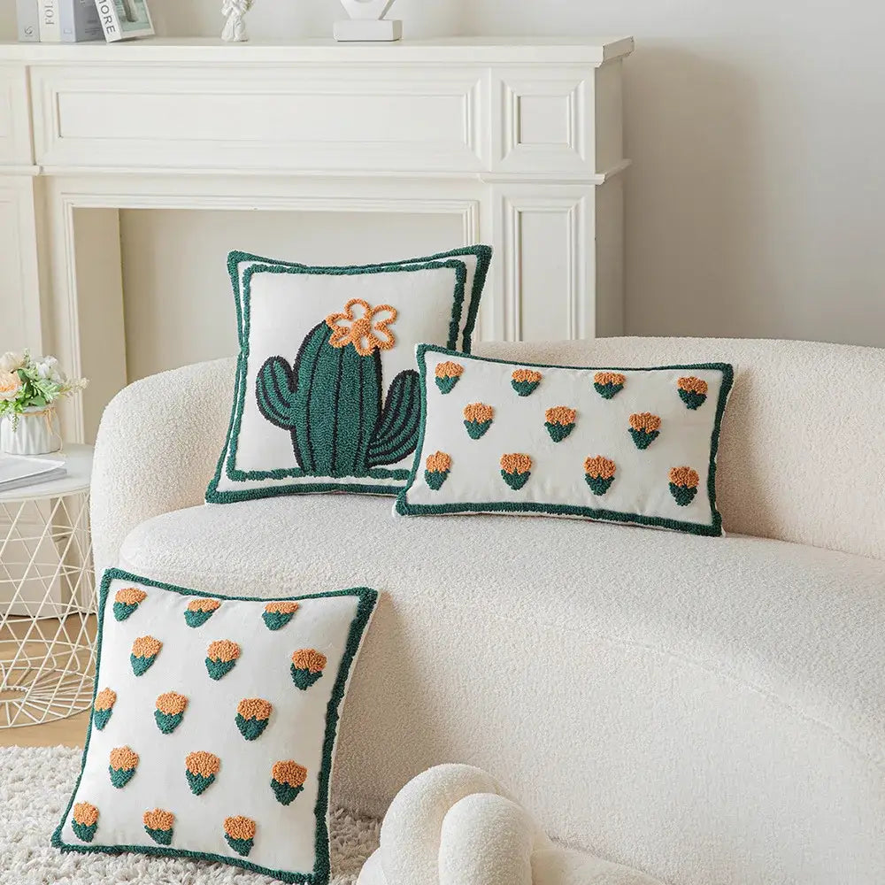 White & orange cactus embroidery throw pillow cover living room decor