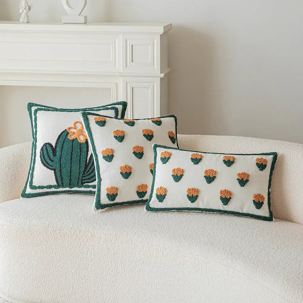 White & orange cactus embroidery throw pillow cover living room decor