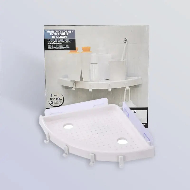 White plastic corner bathroom shelf organizer caddy with hooks bathroom