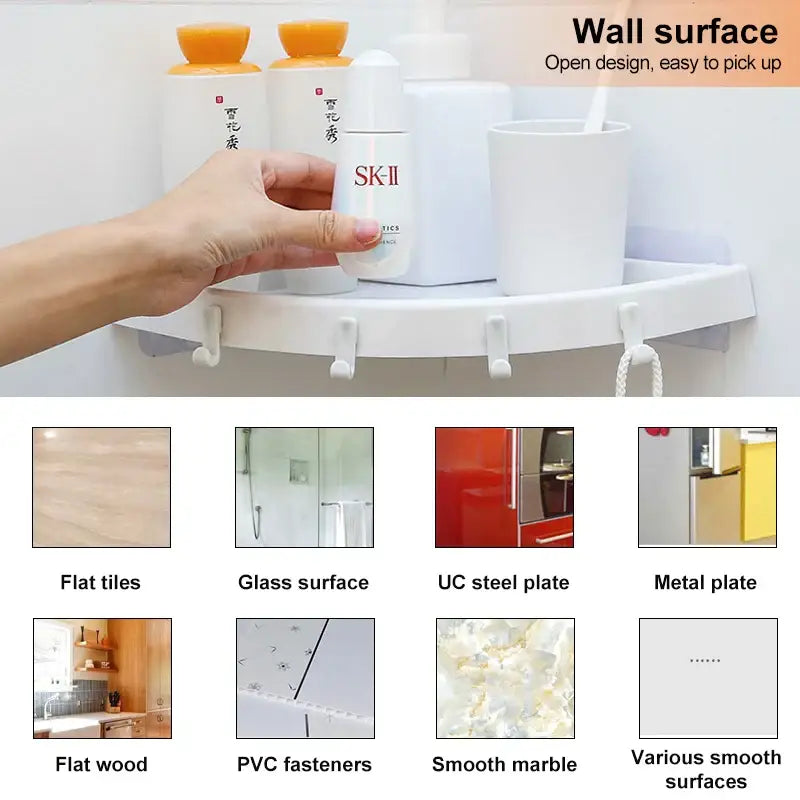 White plastic corner bathroom shelf organizer caddy with hooks bathroom