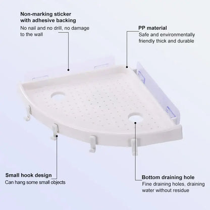 White plastic corner bathroom shelf organizer caddy with hooks bathroom