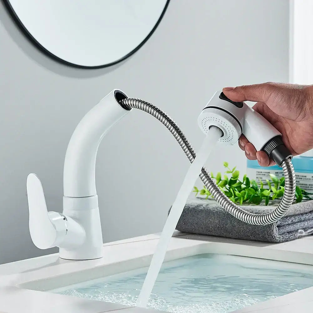 White plastic kitchen sink faucet with curved spout and single lever