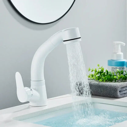 White plastic kitchen sink faucet with curved spout and single lever