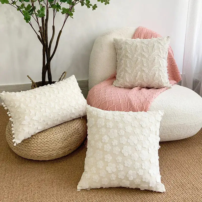 White plum blossom butterfly cushion cover living room tasseled pillow